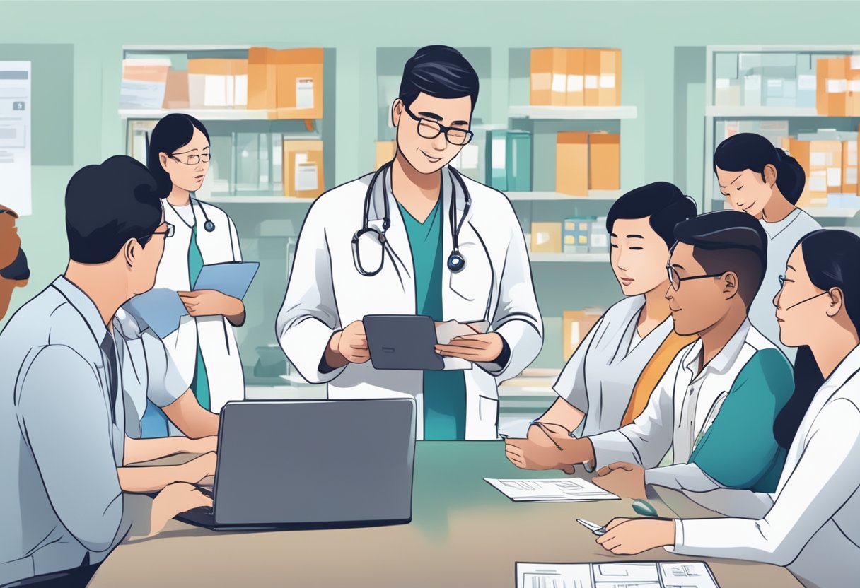 A diverse group of people in Singapore accessing healthcare services with their health insurance cards