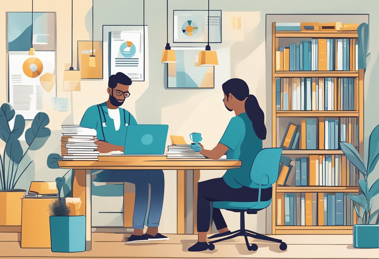 A person sits at a desk, studying a pamphlet on health insurance. A laptop and a cup of coffee are nearby. The room is well-lit and organized