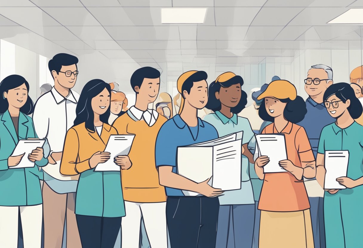 A group of people standing in line, holding forms and documents, with a sign overhead reading "Frequently Asked Questions health insurance singapore"
