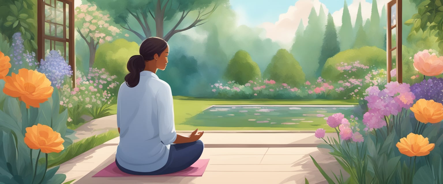 A serene garden with blooming flowers and a mirror reflecting nature's beauty. A person sits in meditation, surrounded by affirmations and self-care items