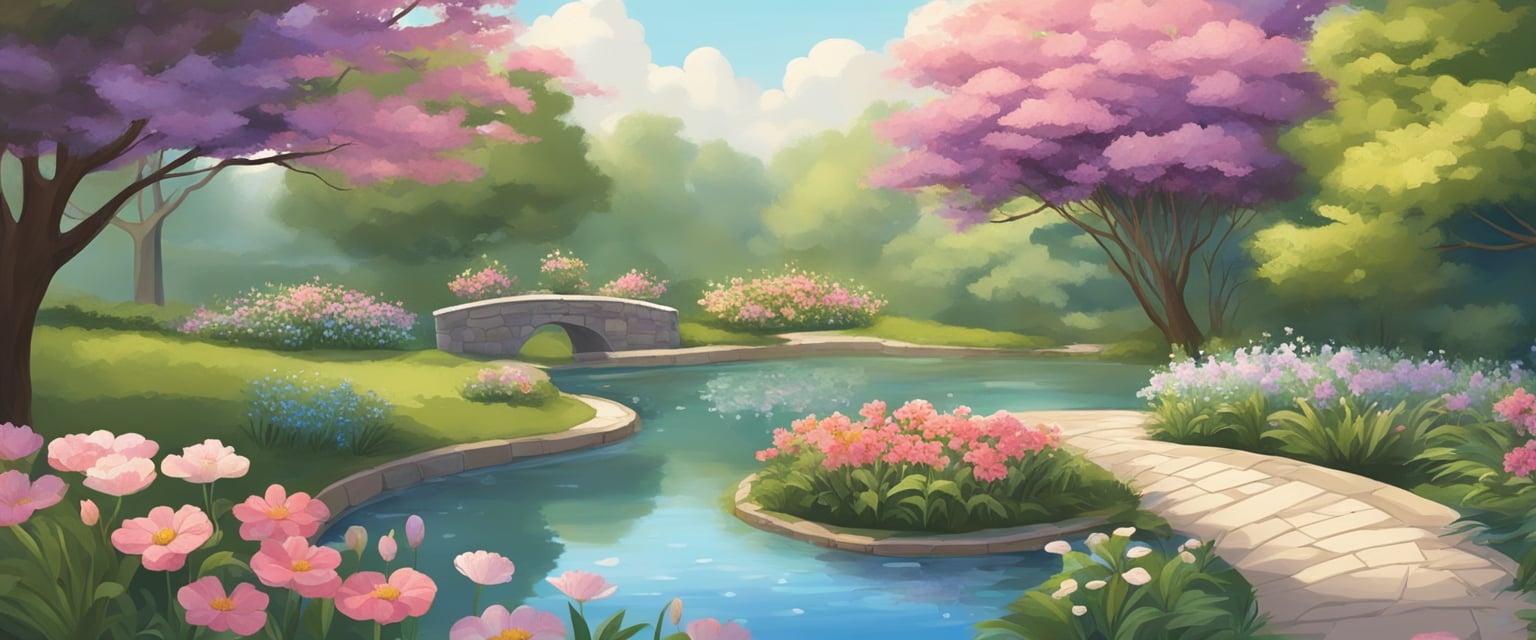 A serene garden with blooming flowers, a winding path, and a peaceful pond reflects the journey of self-love