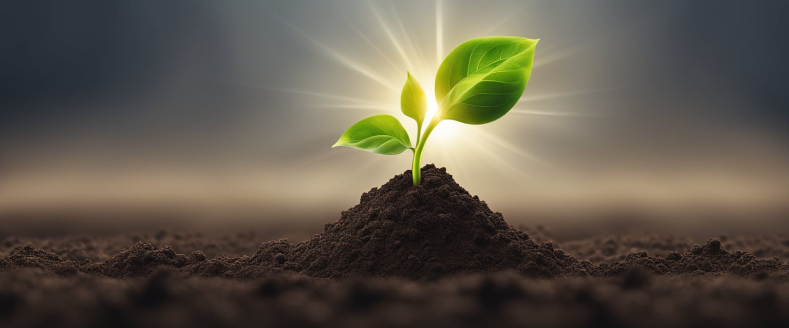 A small seedling pushing through dark soil towards the sunlight, symbolizing growth and resilience in the face of adversity