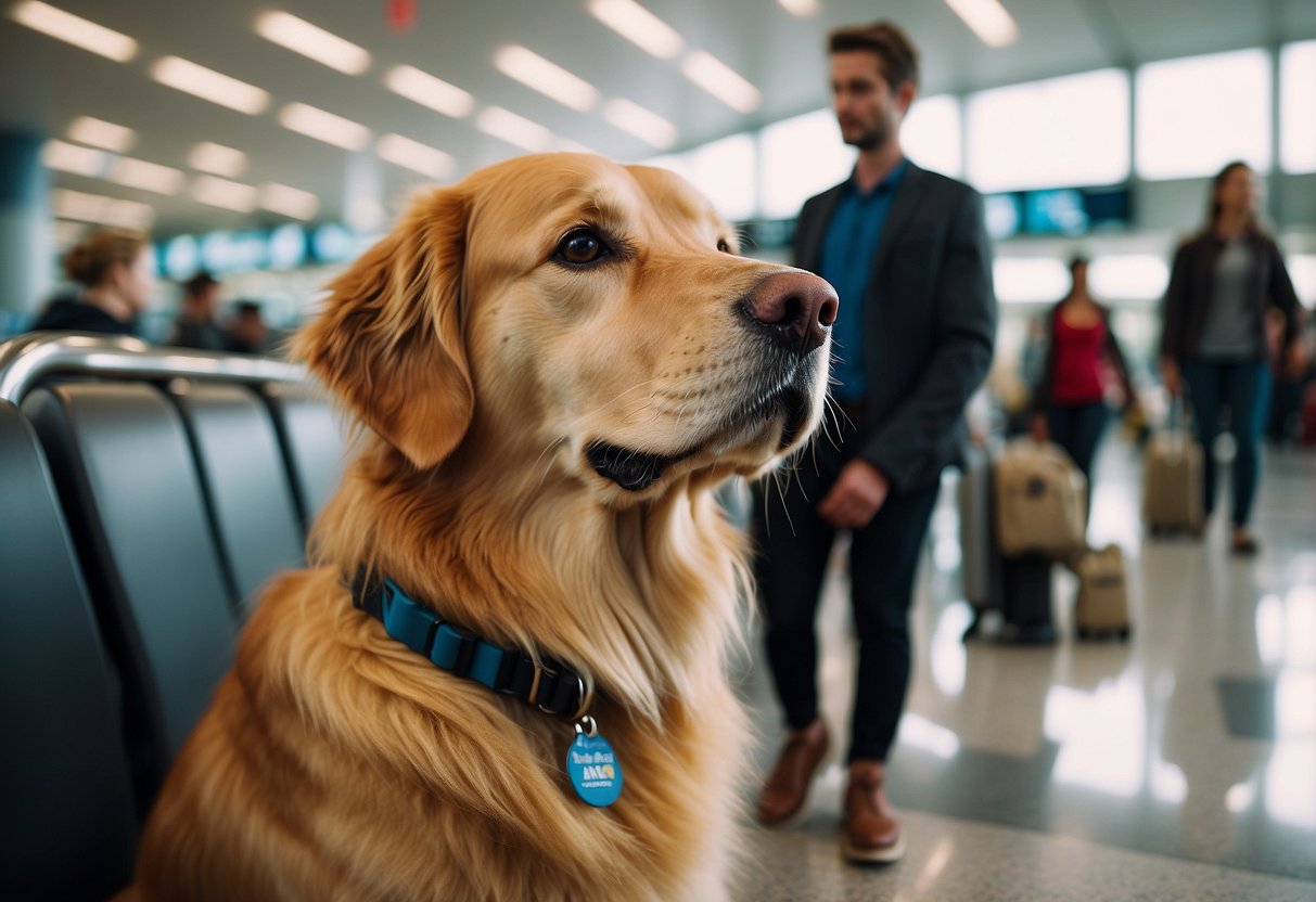 A golden retriever therapy dog sits calmly in a busy airport, surrounded by travelers. Its gentle presence brings comfort and smiles to those passing by