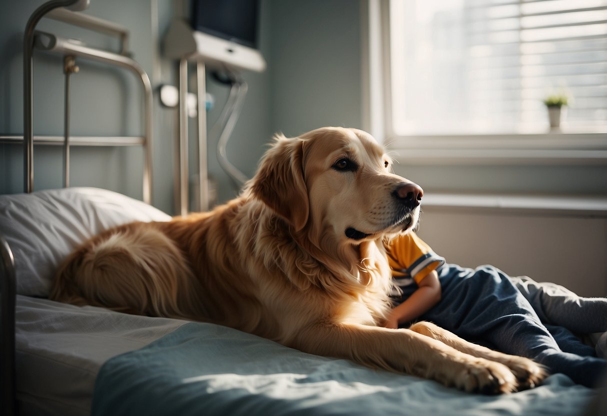 A Golden Retriever comforts a child in a hospital bed