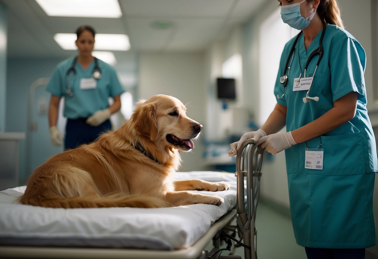 A golden retriever is being trained in a hospital, interacting with patients and staff. It wears a vest with a certification badge