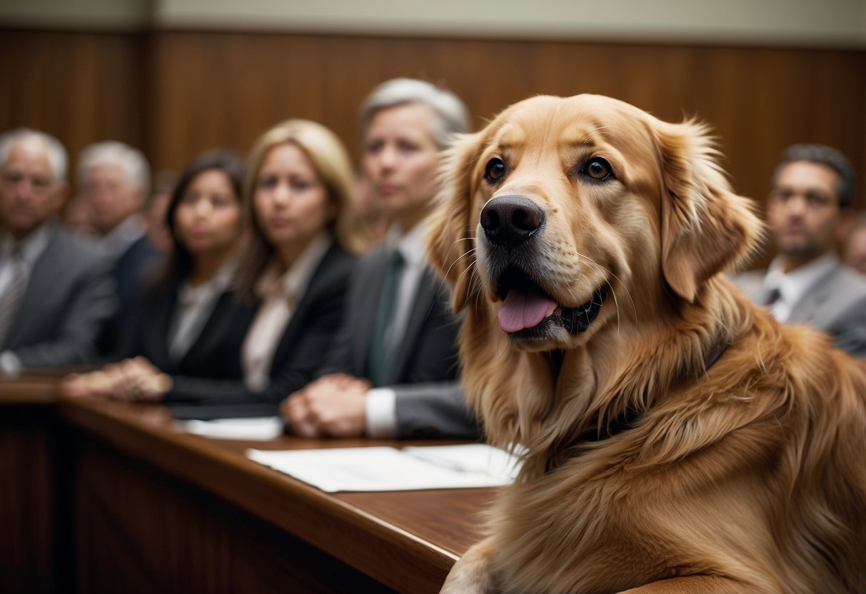 A golden retriever therapy dog sits calmly in a bustling courtroom, surrounded by lawyers and judges. Its gentle presence brings comfort and support to those navigating legal proceedings