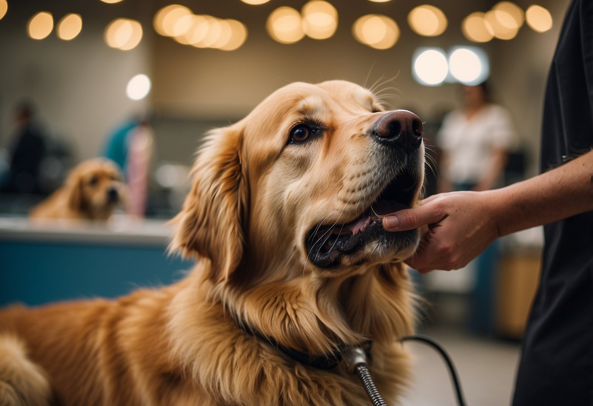 A golden retriever is being groomed and trained for therapy work in a variety of unconventional settings