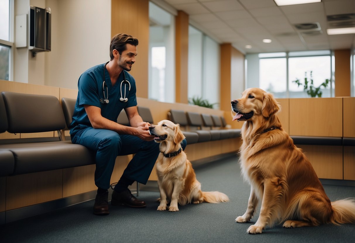 A golden retriever therapy dog sits beside its handler, offering comfort in a hospital waiting room