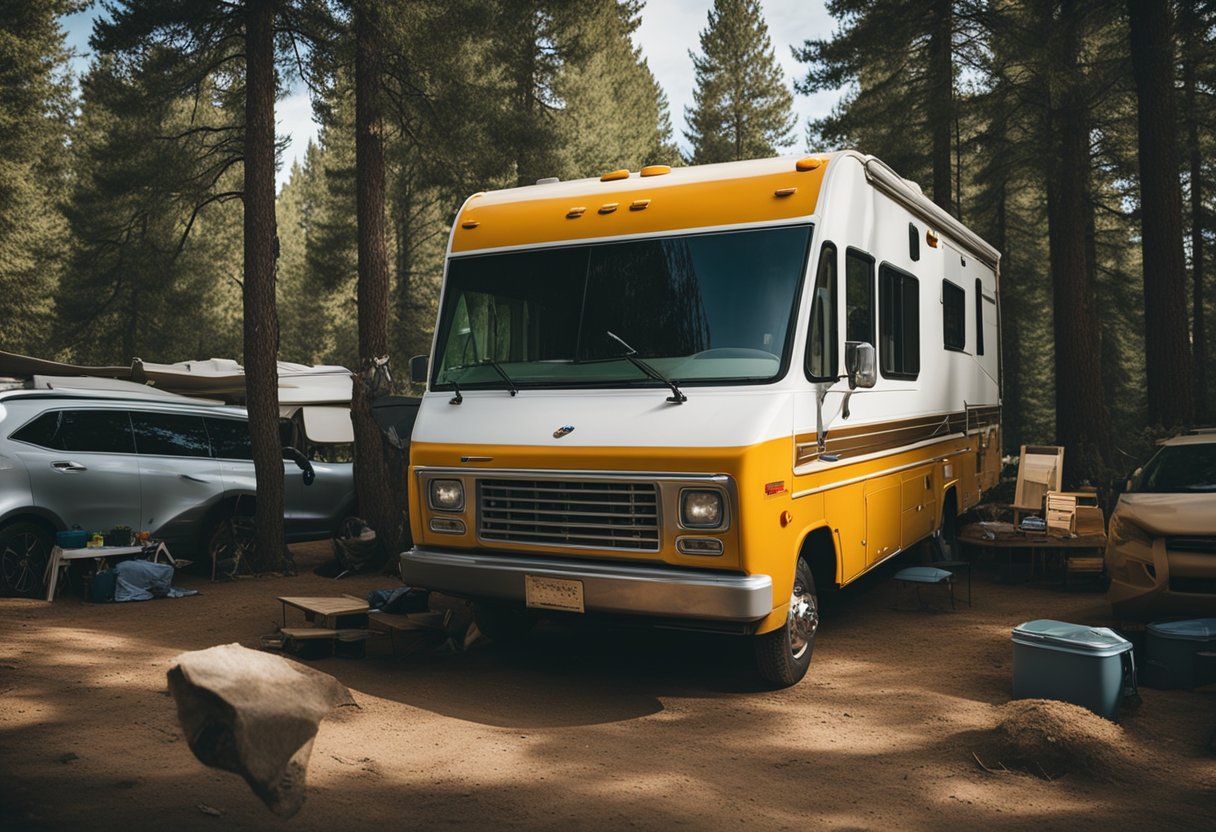 An RV parked in a crowded campground, surrounded by clutter and limited space. Signs of wear and tear on the vehicle hint at the challenges of constant travel and living in a confined space