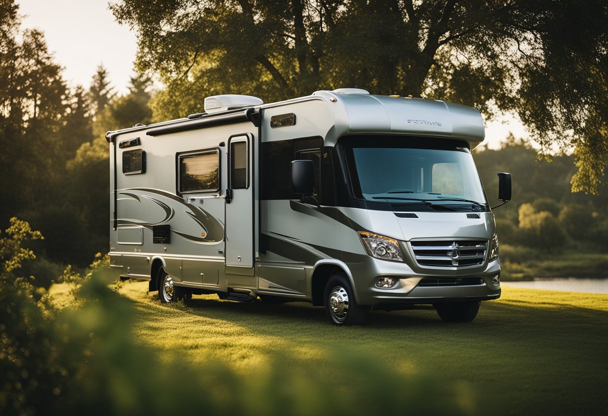 A pristine RV parked in a picturesque setting, surrounded by lush greenery and a serene lake. Contrast with a cluttered, cramped interior, showing the uncomfortable realities of RV living