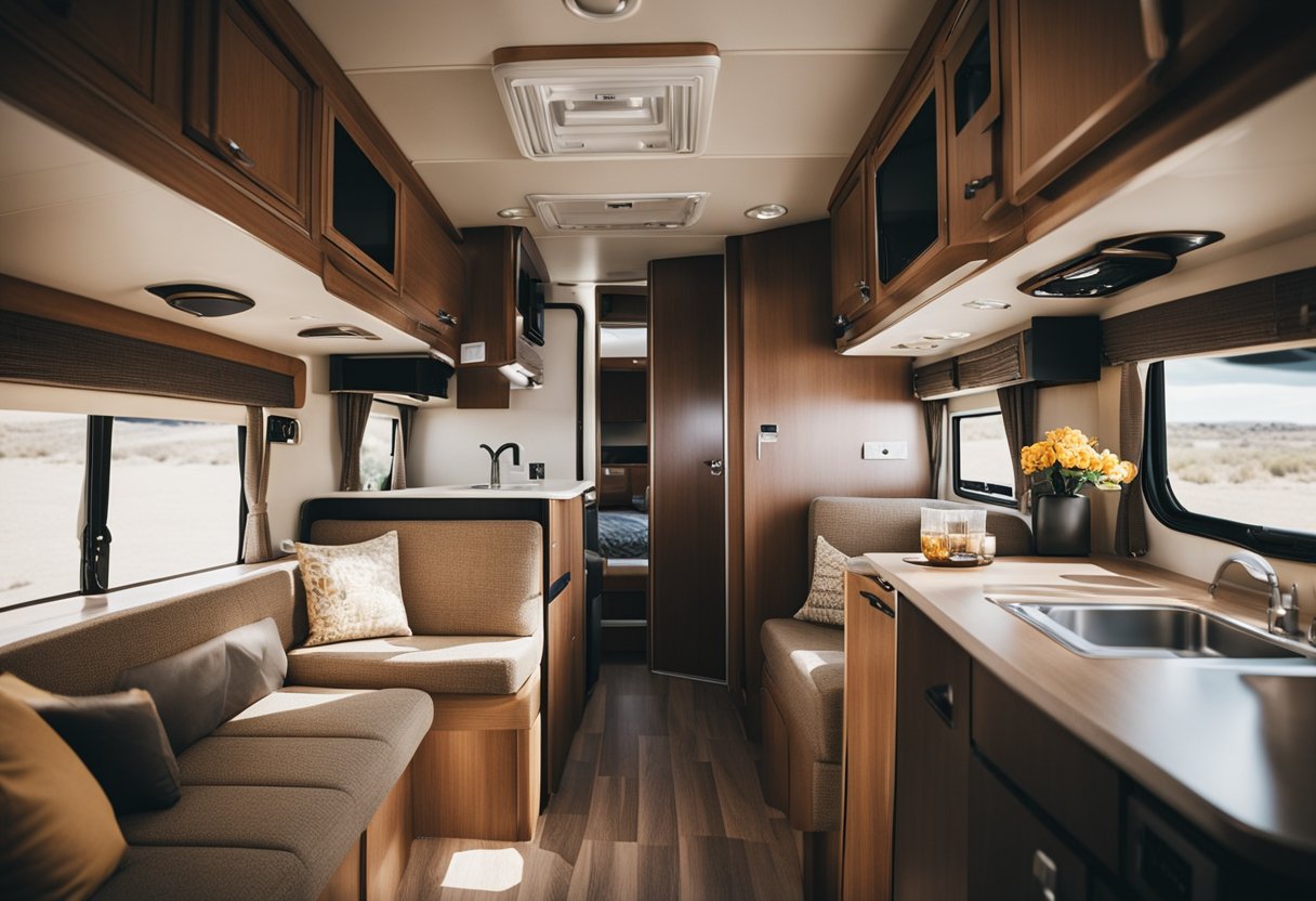 A small RV interior with cluttered furniture and narrow walkways, emphasizing the cramped living space and the challenges of the RV lifestyle