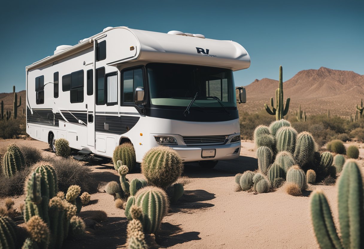 An RV parked in a remote desert, surrounded by cacti. A laptop and phone are propped up on the dashboard, searching for a Wi-Fi signal