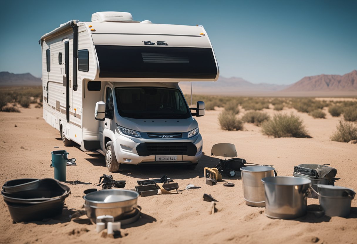 An RV sits in a dusty desert, surrounded by tools and spare parts. A broken awning flaps in the wind, while a leaky pipe drips onto the ground