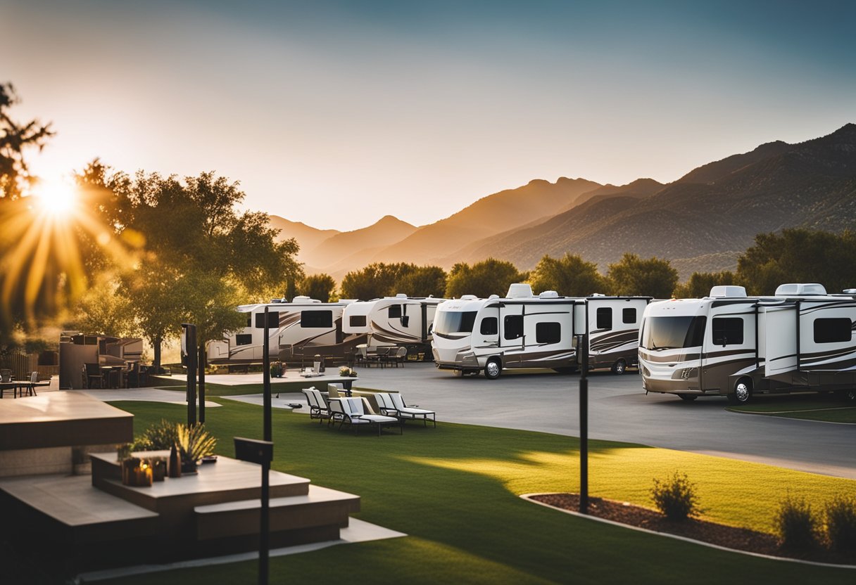 A luxurious RV park with modern amenities, including a swimming pool, fitness center, and upscale dining options. The sun sets behind the rows of high-end RVs, creating a picturesque scene of luxury camping