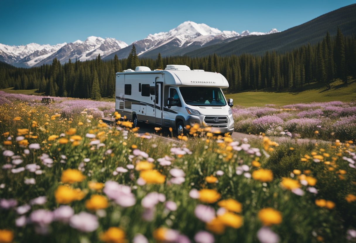 A colorful RV travels through changing landscapes, from blooming spring flowers to snowy winter scenes, showcasing the diverse experiences of living an RV lifestyle throughout the year