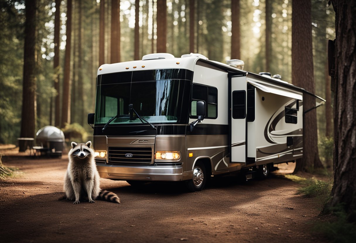 A cozy RV nestled among towering trees, with a family of raccoons peeking out from underneath, and a neighboring camper giving a disapproving glare