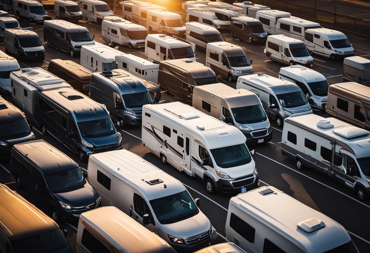 A cramped RV parked in a crowded lot, surrounded by other vehicles. The sun sets in the background, casting a warm glow on the scene