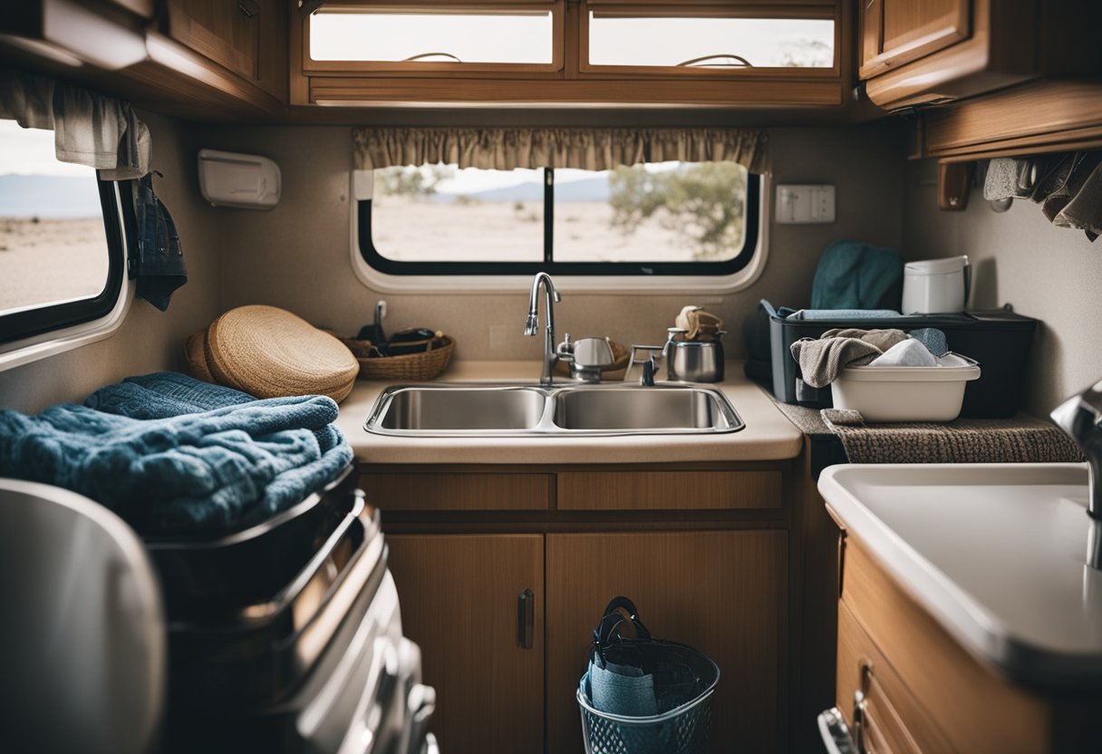 A cluttered RV interior with overflowing laundry baskets and dirty dishes piled in the sink, revealing the challenges of domestic life on the road