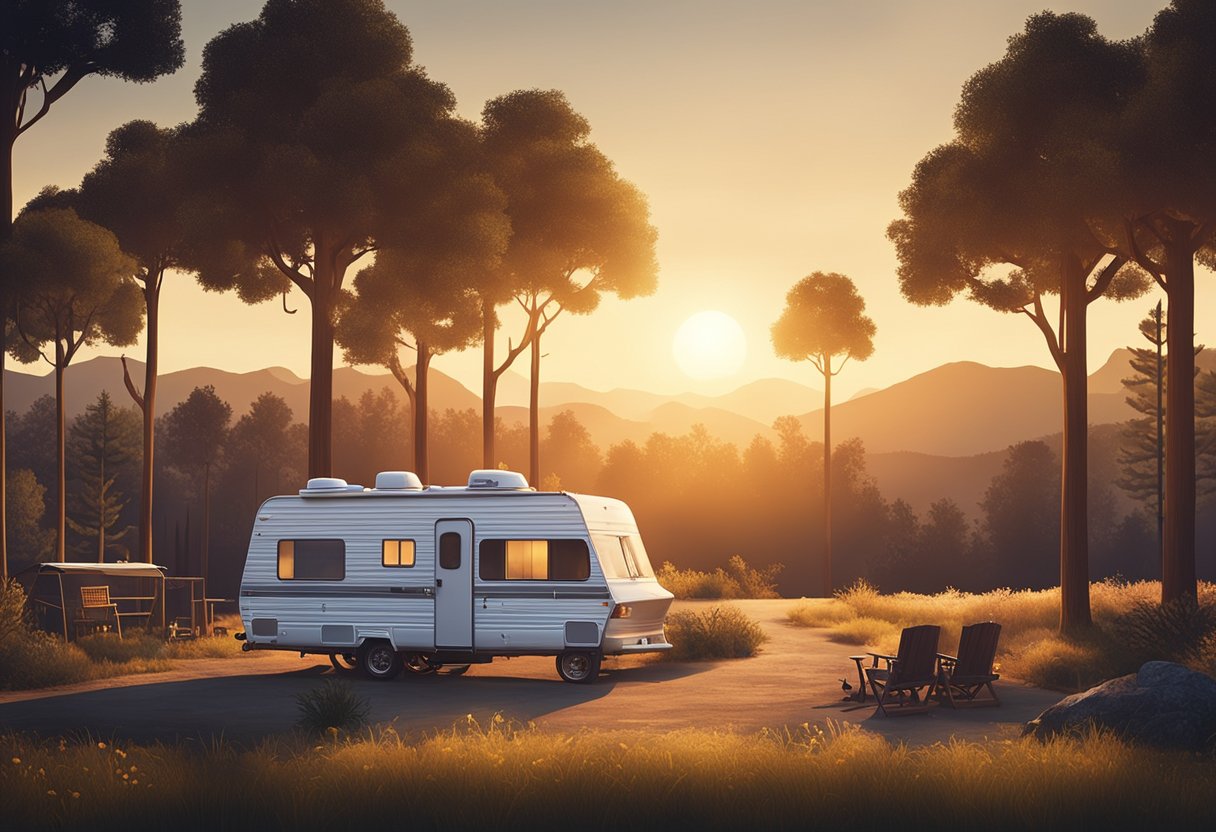 The illustration shows an RV parked in a secluded area, surrounded by nature. The sun is setting, casting a warm glow over the scene as the RV's inhabitants embrace the uncomfortable truths of their lifestyle