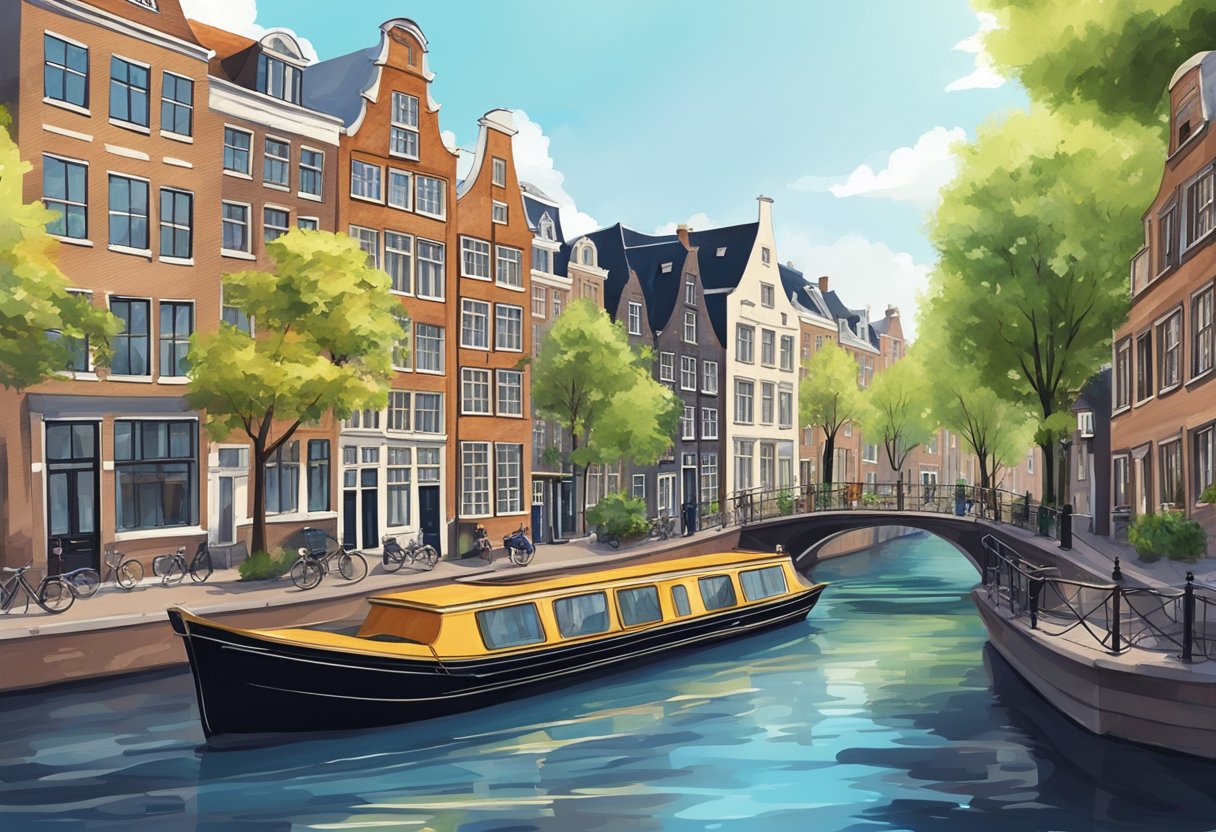 A boat glides along the picturesque canals of Amsterdam, passing by historic buildings and charming bridges, before making its way towards the scenic city of Cologne
