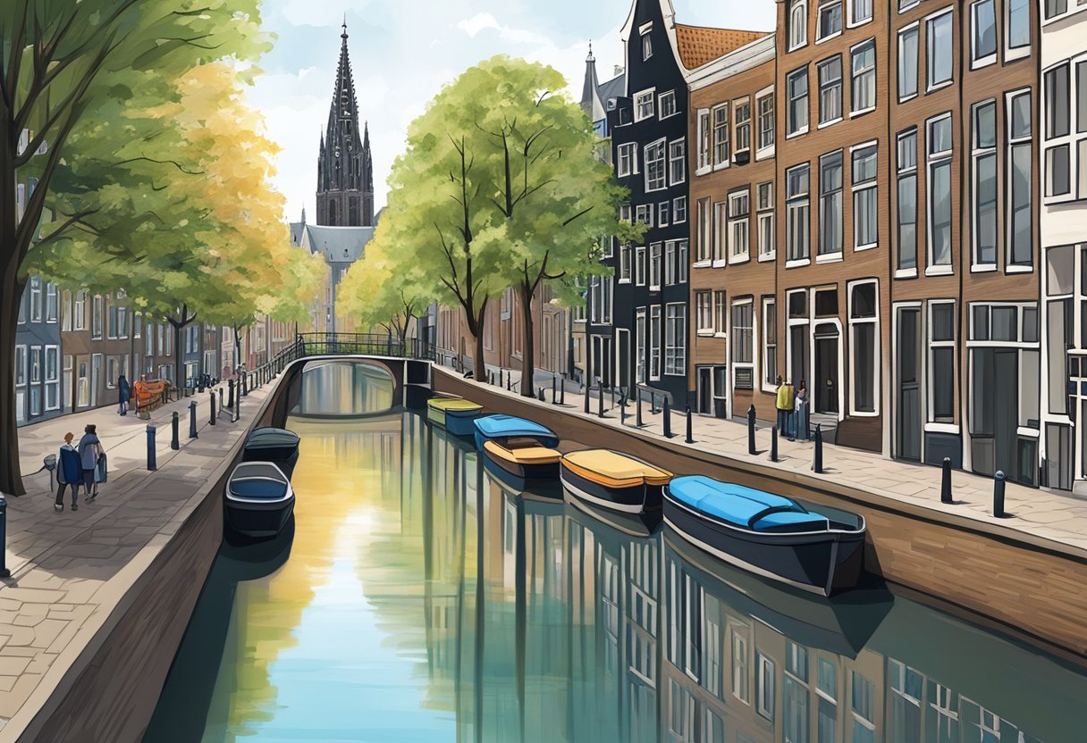 A serene canal in Amsterdam lined with historic buildings, leading to the iconic Cologne Cathedral in the distance