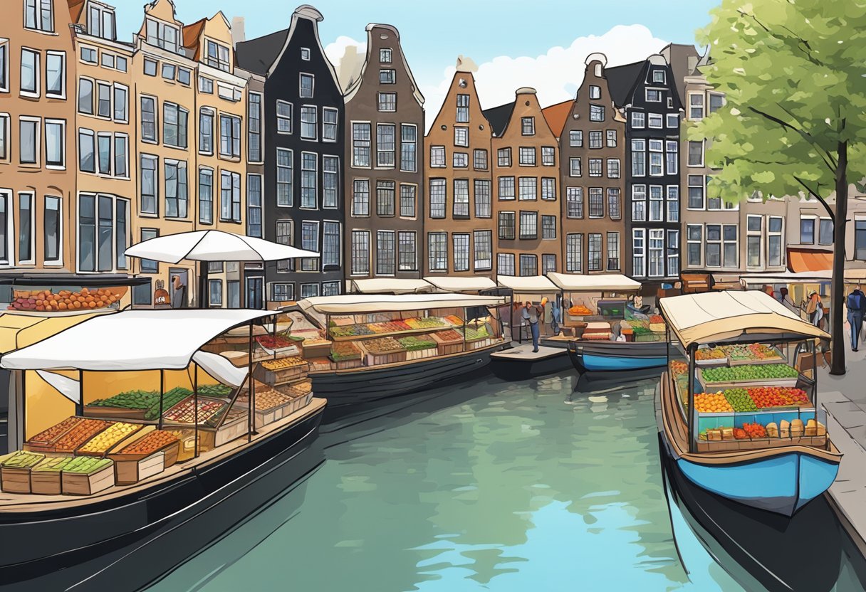 A bustling food market in Amsterdam, with colorful stalls and aromatic street food. A canal boat cruise through picturesque Cologne, passing by historic landmarks