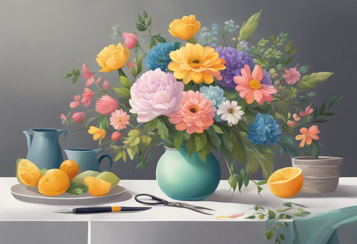 A table with a vase, scissors, and various flowers in different colors and sizes. The flowers are being trimmed and arranged in the vase