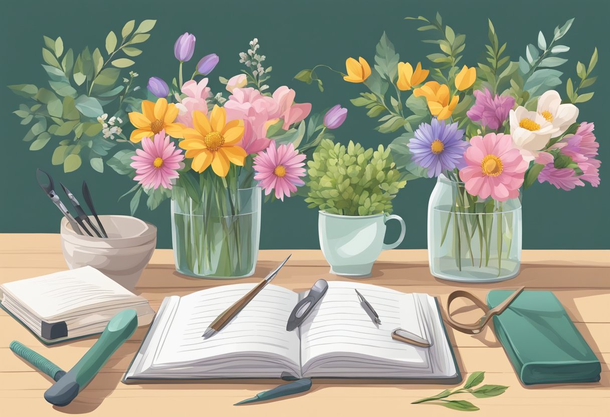A table with various flowers, foliage, and tools arranged neatly. An open book with step-by-step instructions on flower arranging