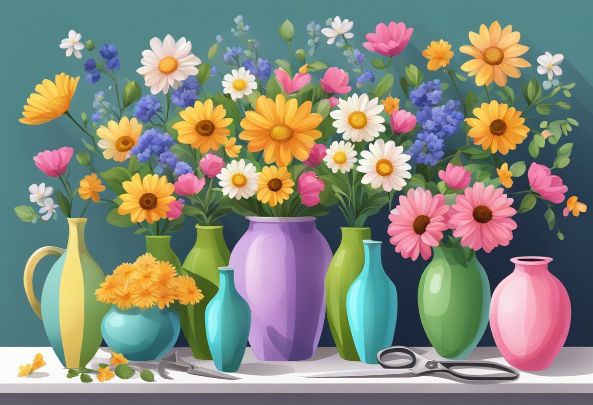 A table with various vases, a pair of scissors, and a selection of colorful flowers arranged neatly
