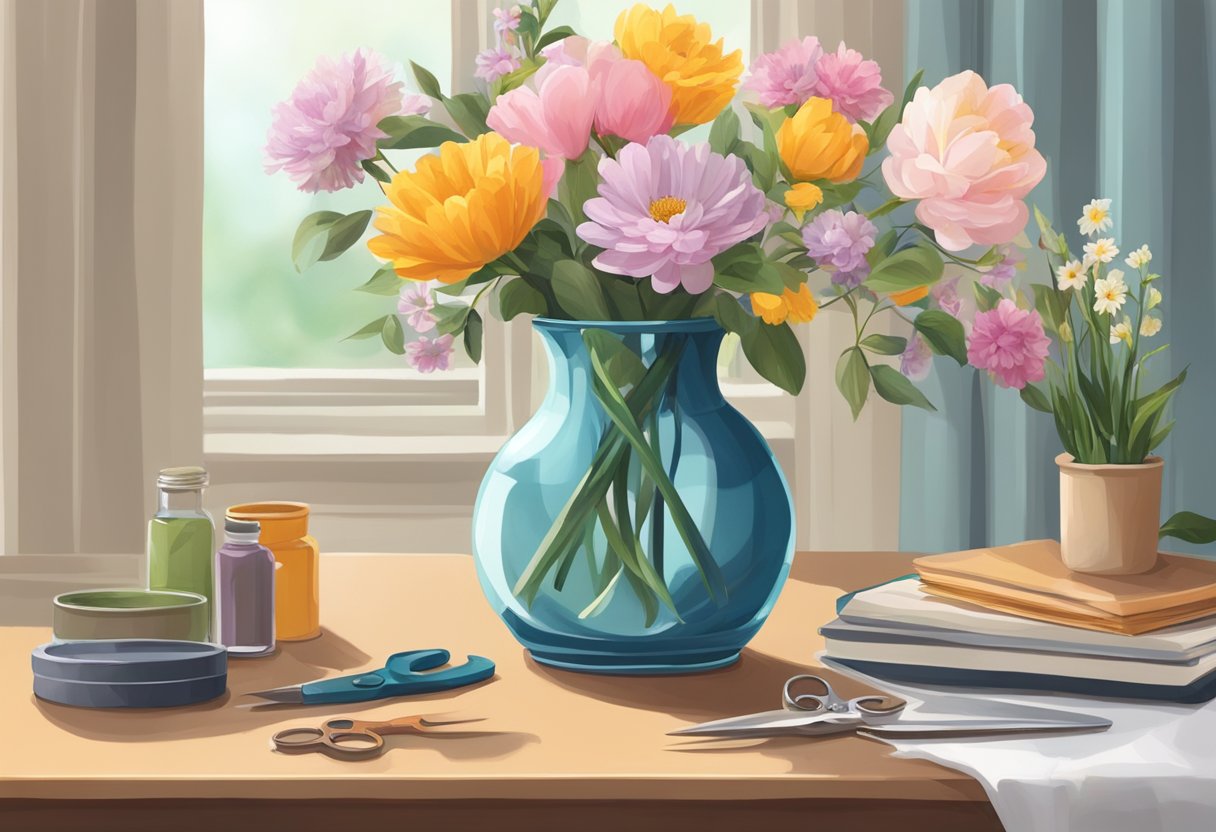 A table with a vase, scissors, and an assortment of flowers. A step-by-step guide lays next to the tools