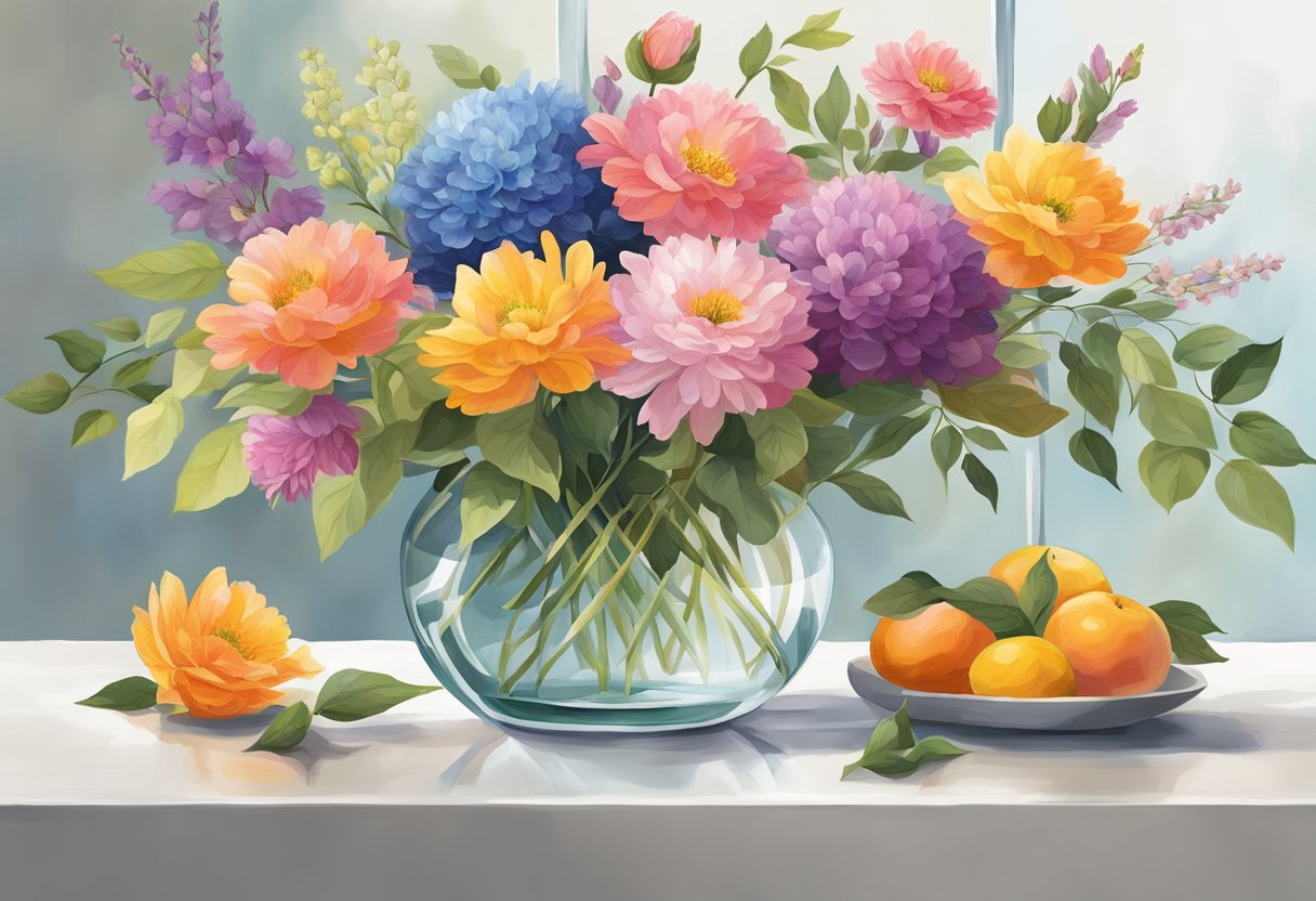 Vibrant blooms in various heights and colors arranged in a clear glass vase on a clean white table. Greenery and filler flowers add depth and texture to the composition