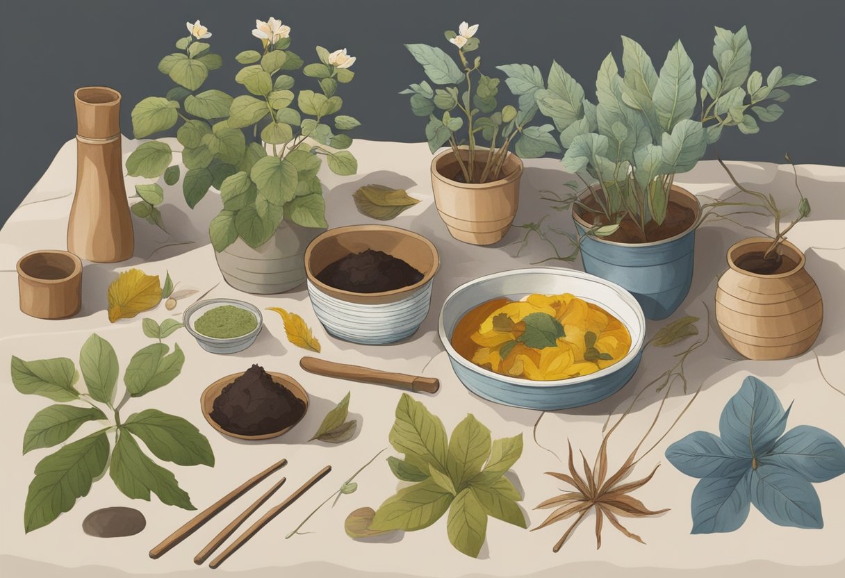 A table with various natural dye materials like flowers, roots, and leaves, alongside pots, stirring sticks, and fabric swatches