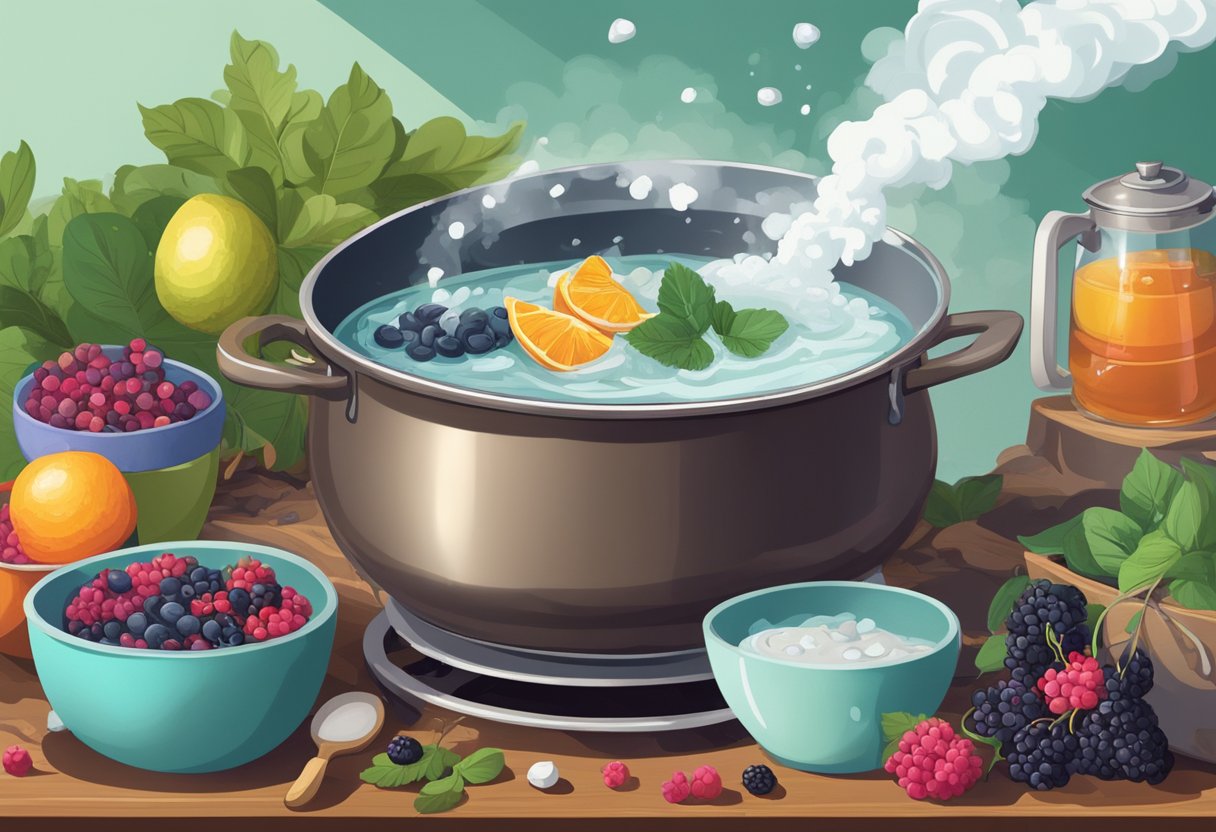 A large pot of boiling water sits on a stove, surrounded by bowls of crushed berries, leaves, and roots. A wooden spoon stirs the concoction, releasing vibrant colors into the water