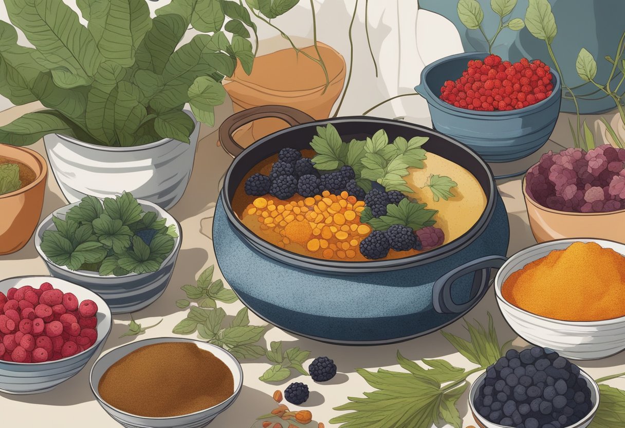 A pot simmering with vibrant plant materials, surrounded by bowls of crushed berries and roots, as a fabric swatch absorbs the rich, natural dyes