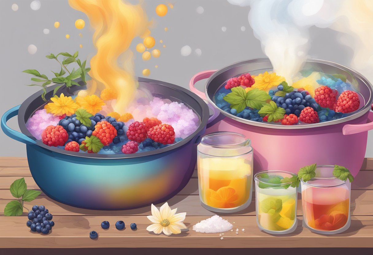 Colorful fabric submerged in pots of boiling water with natural dye ingredients, such as berries and flowers, being stirred in