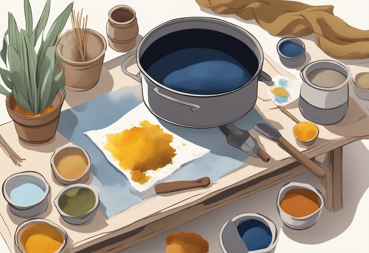 A table with various natural dye ingredients and tools laid out, with a fabric swatch being dipped into a boiling pot of dye