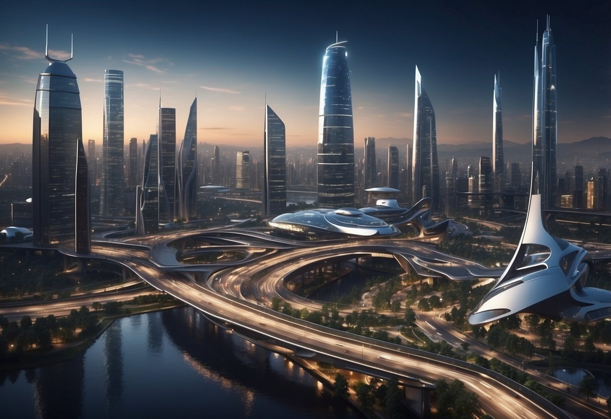 The scene depicts a futuristic city skyline with AI technology integrated into buildings and transportation systems, showcasing the intersection of ethics, privacy, and legislation in artificial intelligence