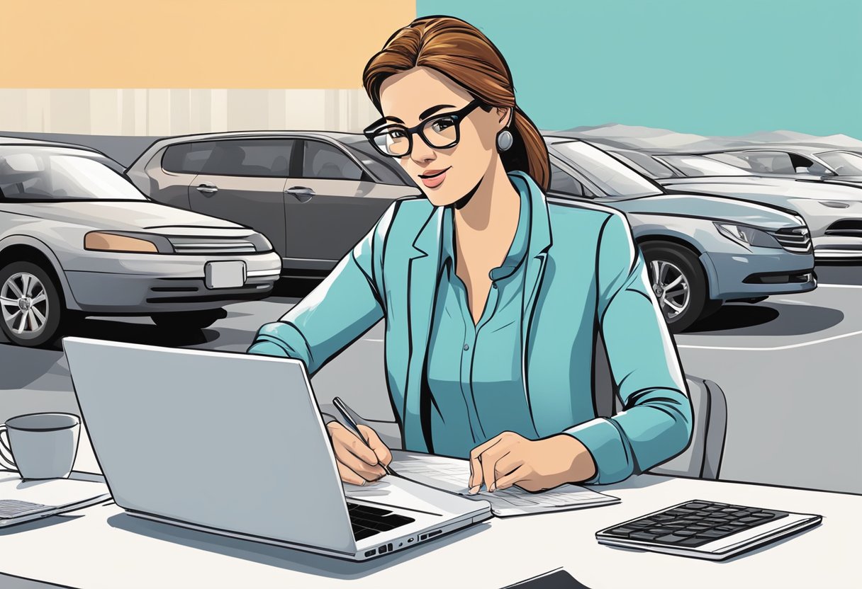 A woman researches car options online, compares prices, and negotiates with a salesperson at a dealership. She reviews financing options and takes a test drive before making a confident purchase decision