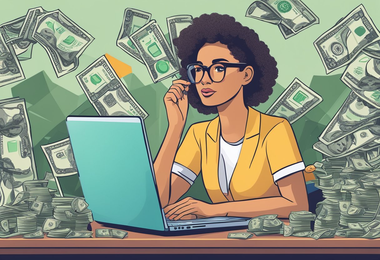 A woman researching car buying tips online, surrounded by money-saving advice