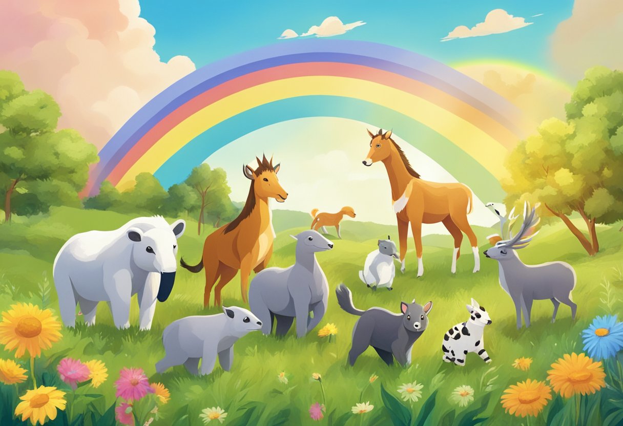 A group of animals playing in a sunny meadow with a rainbow in the background