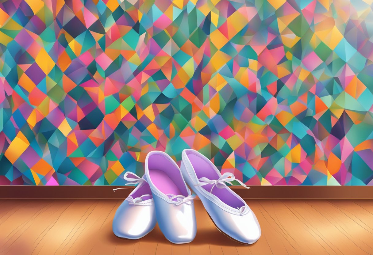 A pair of ballet slippers and jazz shoes sit on a shelf, surrounded by colorful dance floor