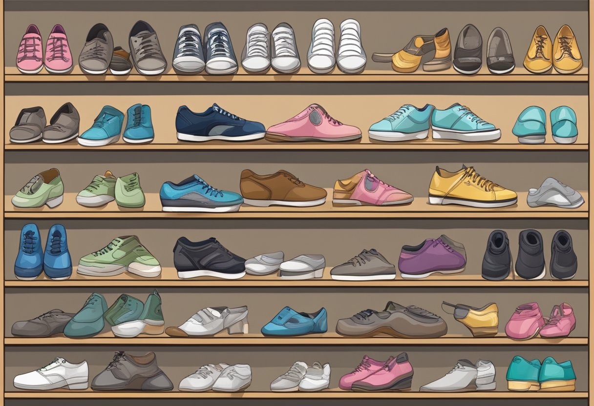 A variety of dance shoes displayed on shelves with labels indicating different types suitable for beginners