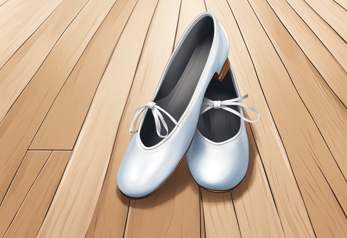 A pair of beginner dance shoes placed neatly on a wooden dance floor, with a soft cushioning inside and a flexible sole for easy movement