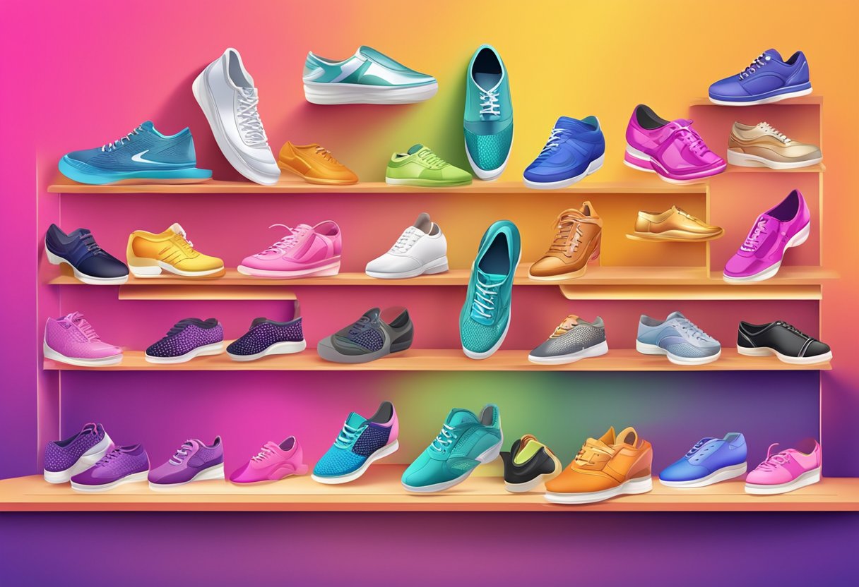 A display of popular dance shoe brands and models arranged on a vibrant background, showcasing various styles and designs suitable for beginners