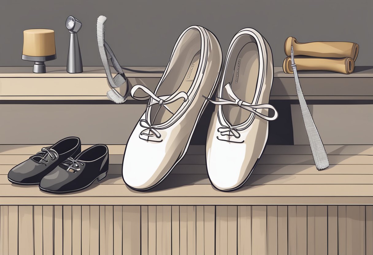 A pair of ballet shoes and tap shoes neatly arranged on a shelf, with a small brush and cleaning cloth nearby for care