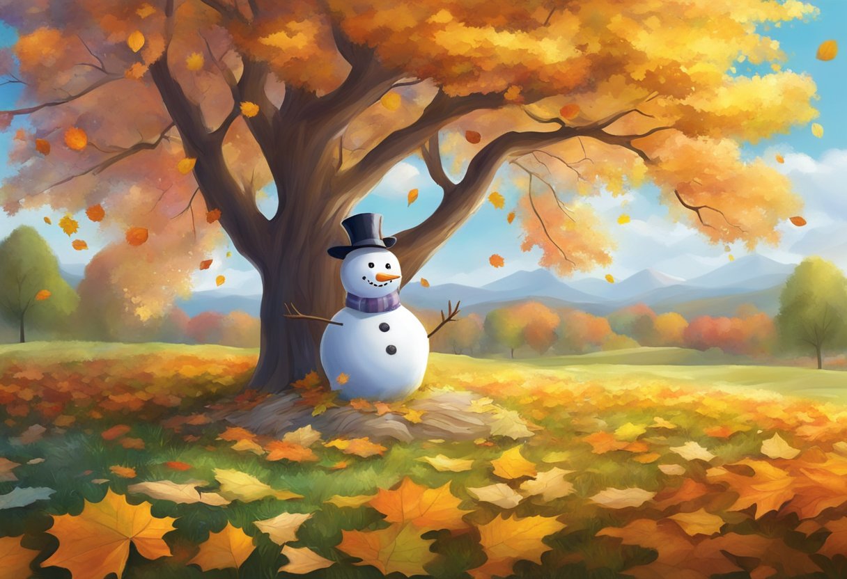 A colorful autumn tree with falling leaves, a snowman in a winter wonderland, and a field of blooming flowers in spring