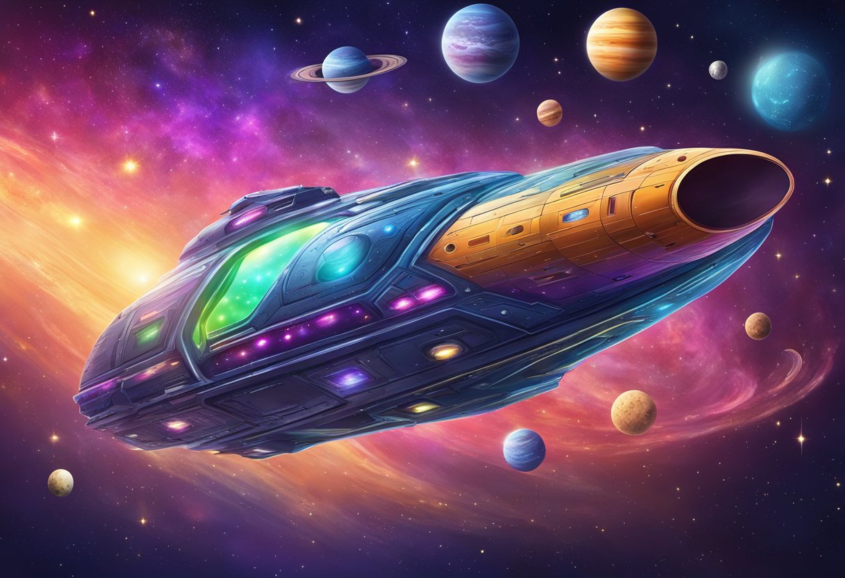 A colorful alien spaceship flying through a galaxy filled with stars and planets