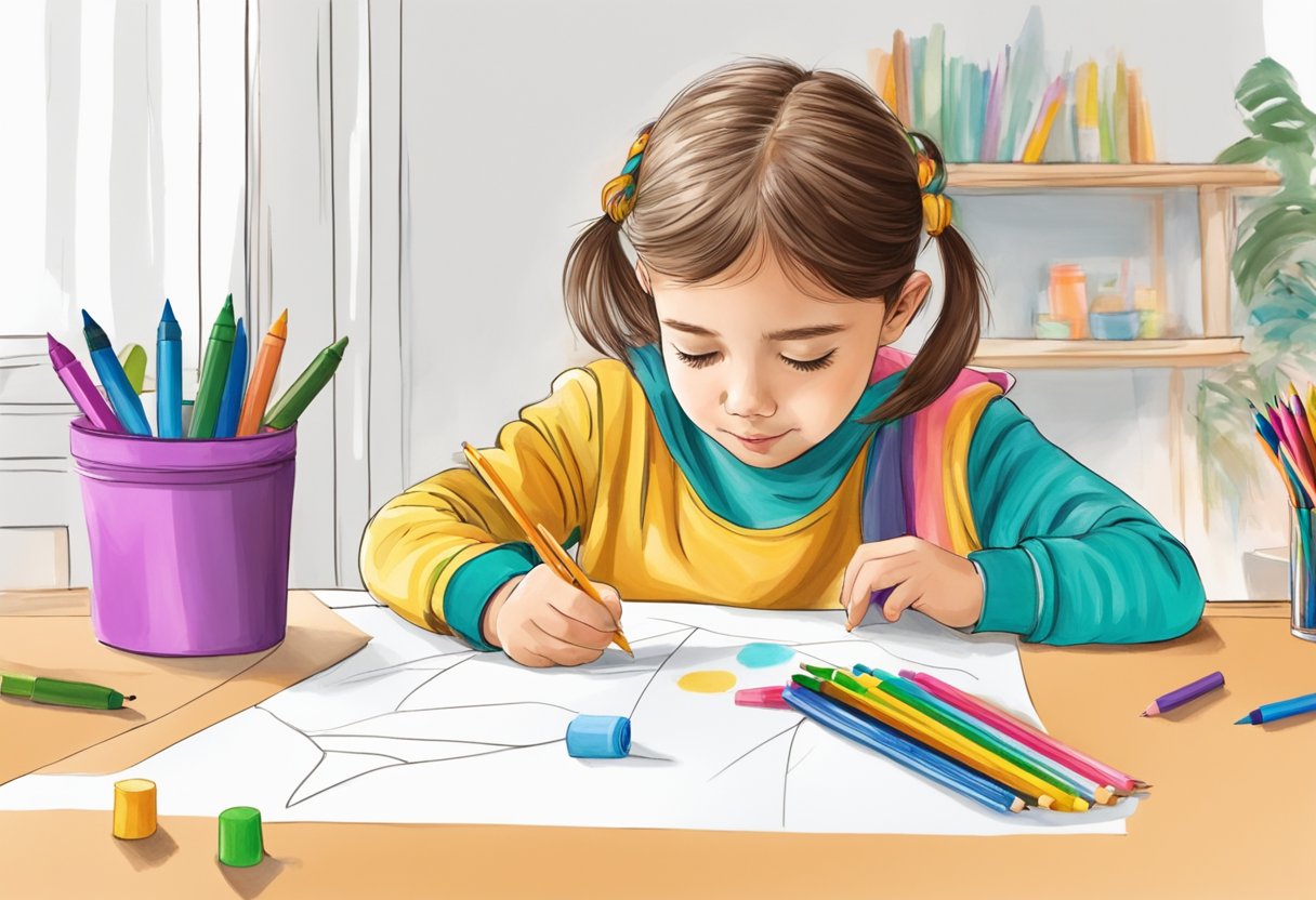A child sits at a table, drawing simple shapes and lines. Crayons and markers are scattered around, and a colorful picture is taking shape on the paper