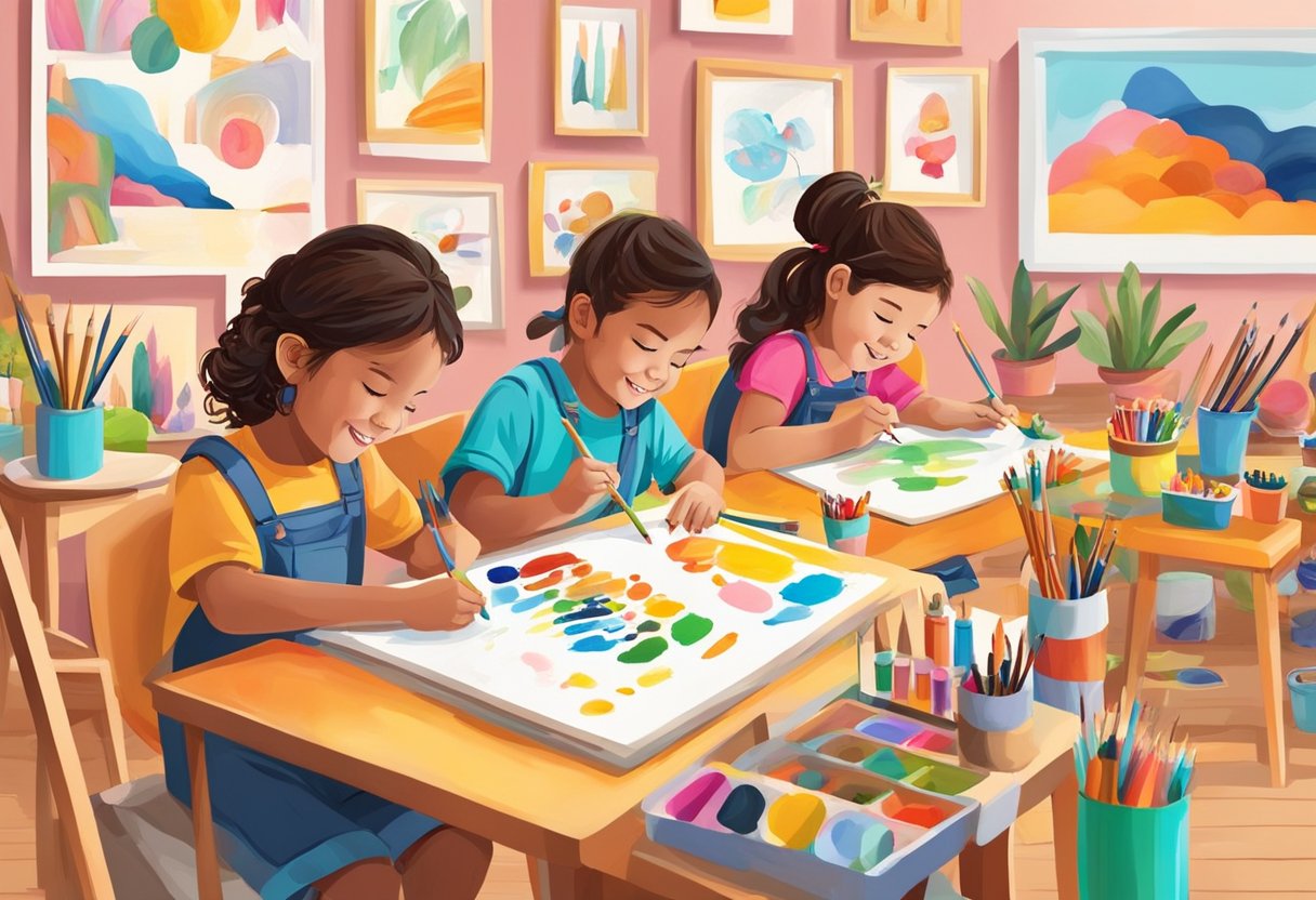 Children happily drawing and painting in a colorful art studio surrounded by art supplies and creative works on display