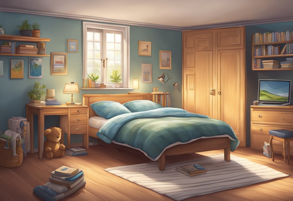 A cozy bedroom with a personalized name sign on the door and a secret diary hidden under the pillow